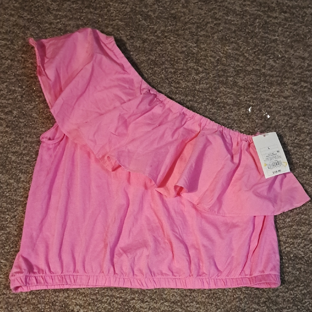 a new day Pink Ruffle One-Shoulder Tank Top